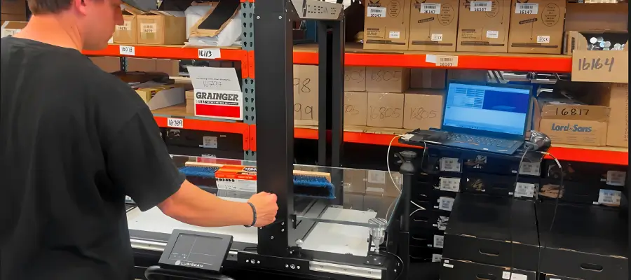 slotting, pick and pack dimensioning systems man scanning a broom head for the purpose of slotting or warehouse pick and pack using dimensioning systems